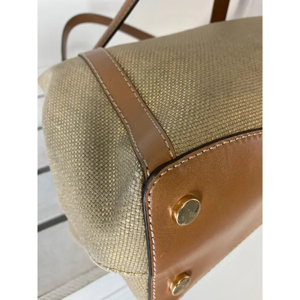 MICHAEL KORS, GOLD CANVAS, BROWN LEATHER TIM SHOULDER BAG
